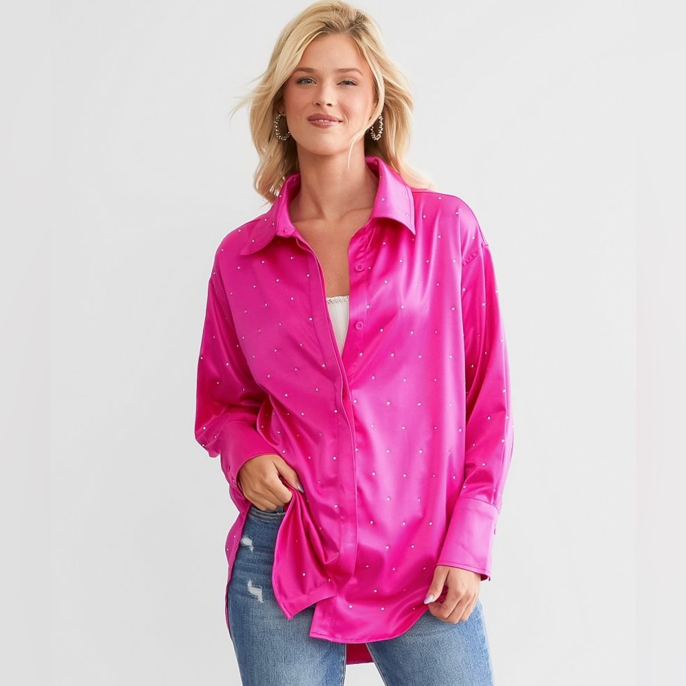 Blue B. Pink Rhinestone Satin Button Up Shirt